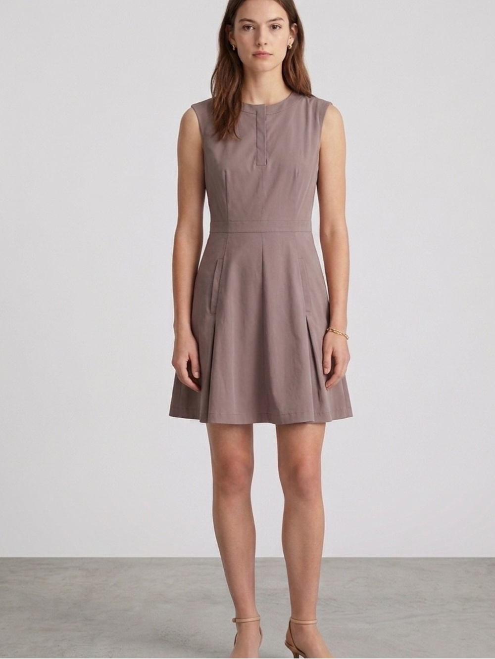 Theory Size 8 Sleeveless Split Neck Cotton Stretch Dress Minimalist Chic Gray